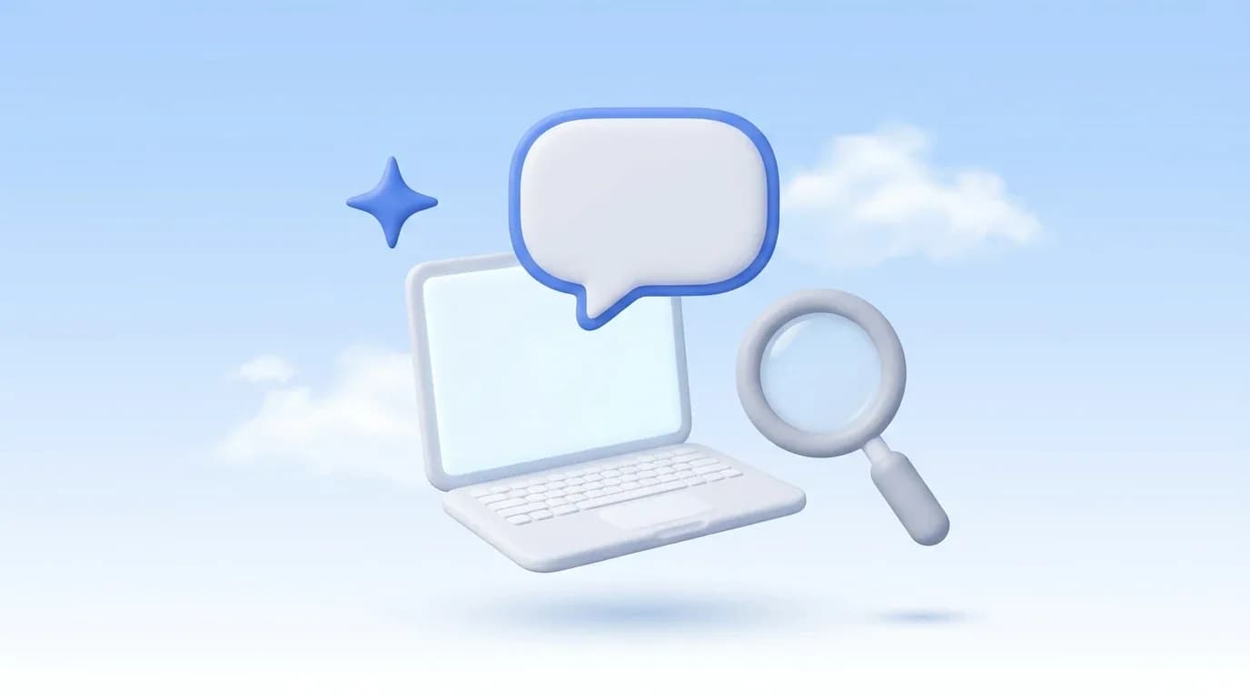 Ilustrasi 3D laptop dengan gelembung chat, kaca pembesar, dan bintang kecil di langit biru