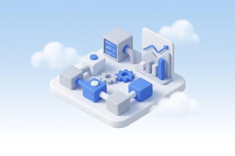 Ilustrasi 3D sistem bisnis modular dengan blok terhubung, server, dan dashboard analitik di atas awan