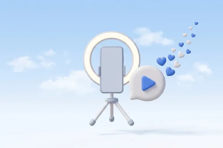 Ilustrasi 3D ponsel di tripod dengan ring light, tombol putar, dan hati yang melayang naik