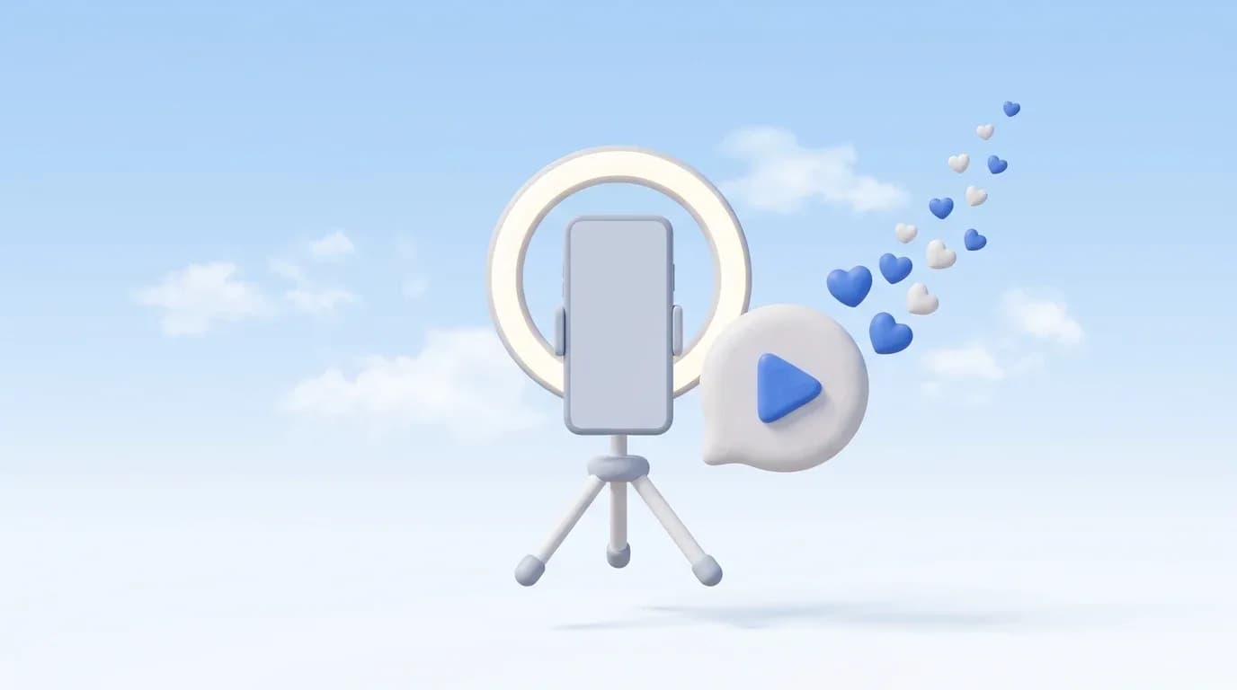 Ilustrasi 3D ponsel di tripod dengan ring light, tombol putar, dan hati yang melayang naik