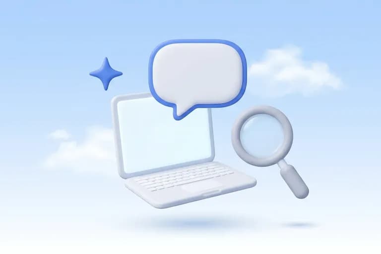 Ilustrasi 3D laptop dengan gelembung chat, kaca pembesar, dan bintang kecil di langit biru