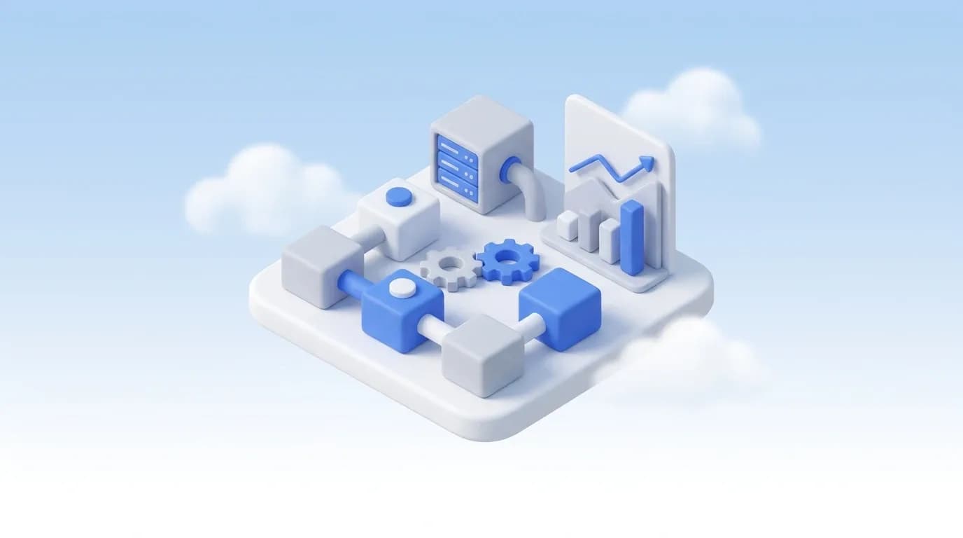 Ilustrasi 3D sistem bisnis modular dengan blok terhubung, server, dan dashboard analitik di atas awan